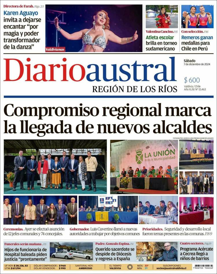 Portada de El Diario Austral de Valdivia (Chile)