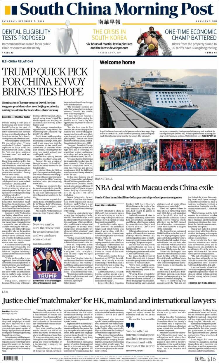 Portada de South China Morning Post (China)
