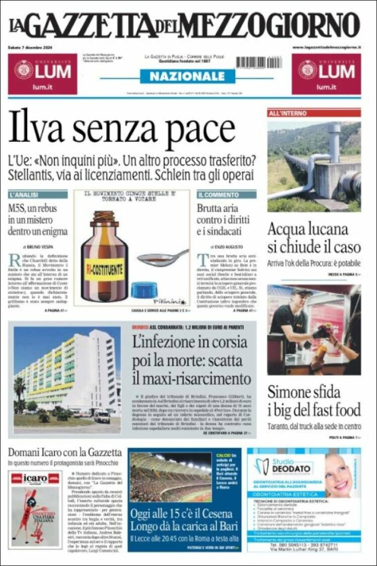 Portada de La Gazzetta del Mezzogiorno (Italy)