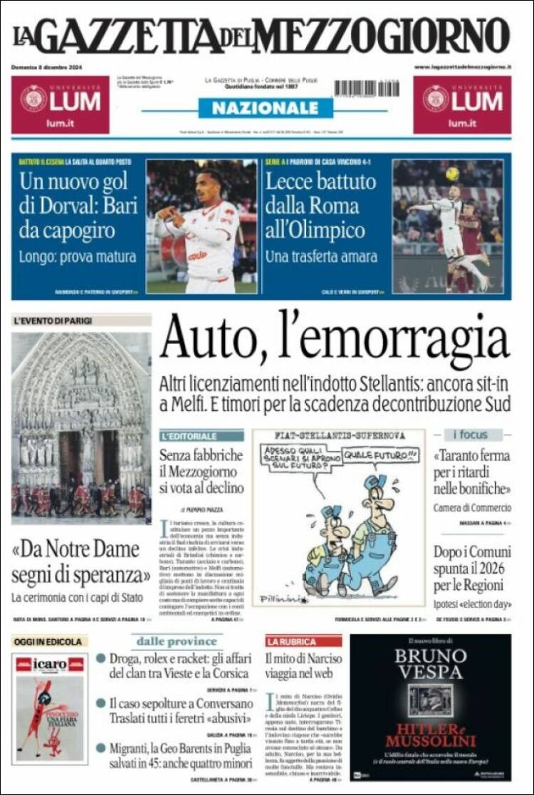 Portada de La Gazzetta del Mezzogiorno (Italia)