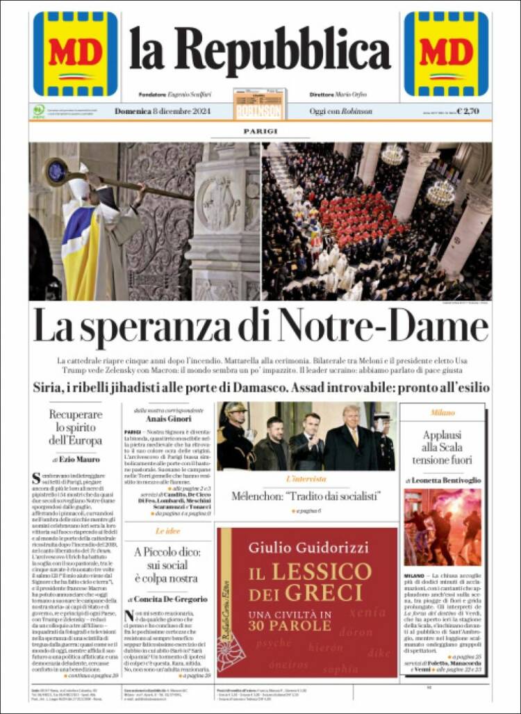 Portada de La Repubblica (Italia)