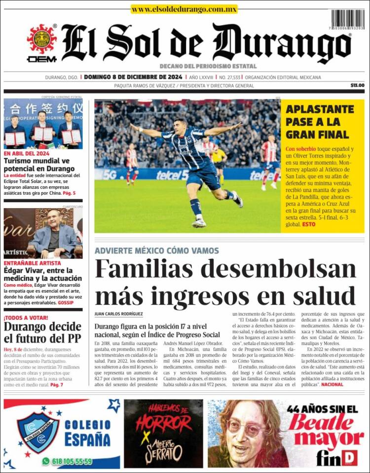 Portada de El Sol de Durango (M&eacute;xico)