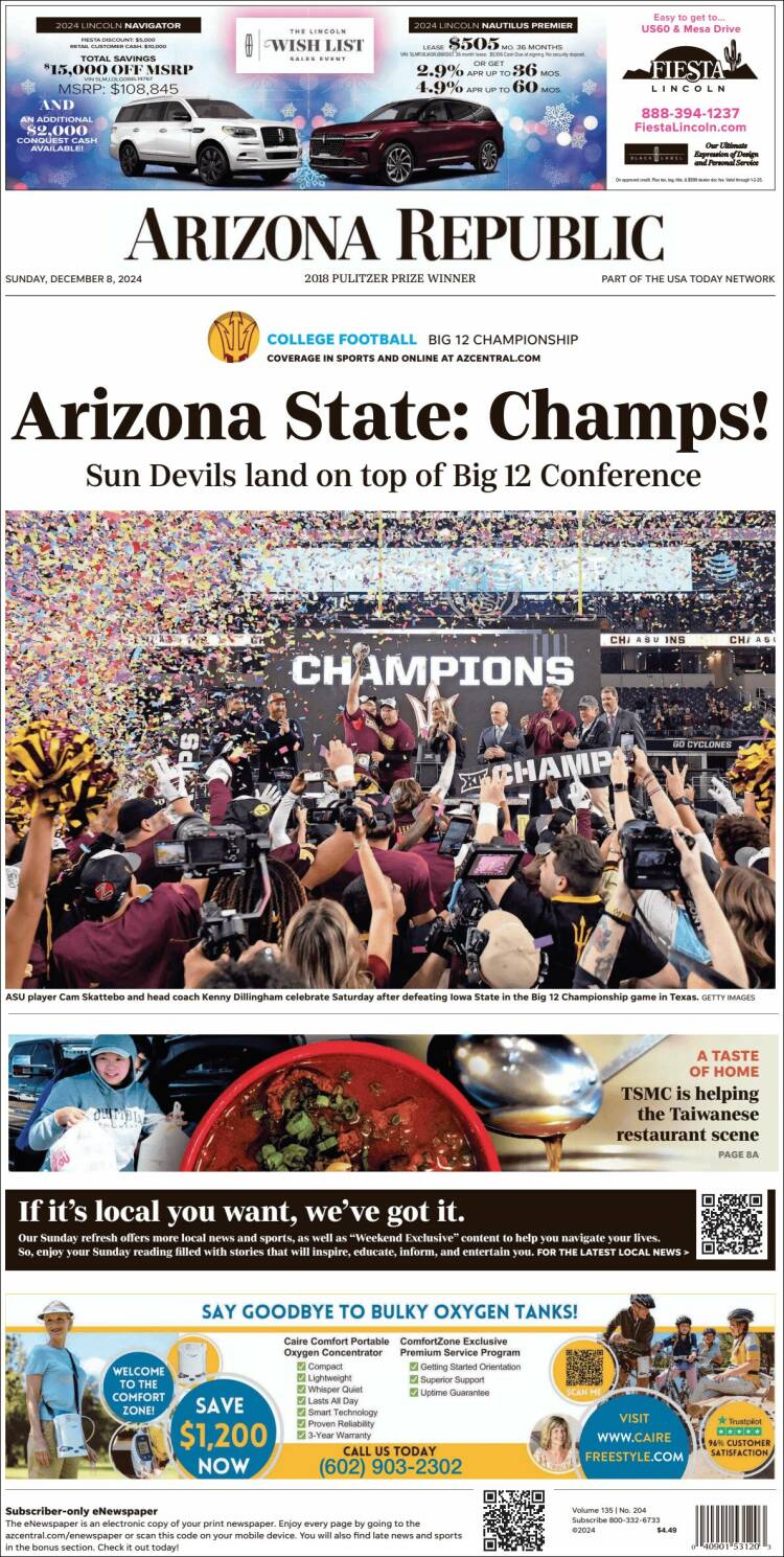 Portada de Arizona Republic News (USA)