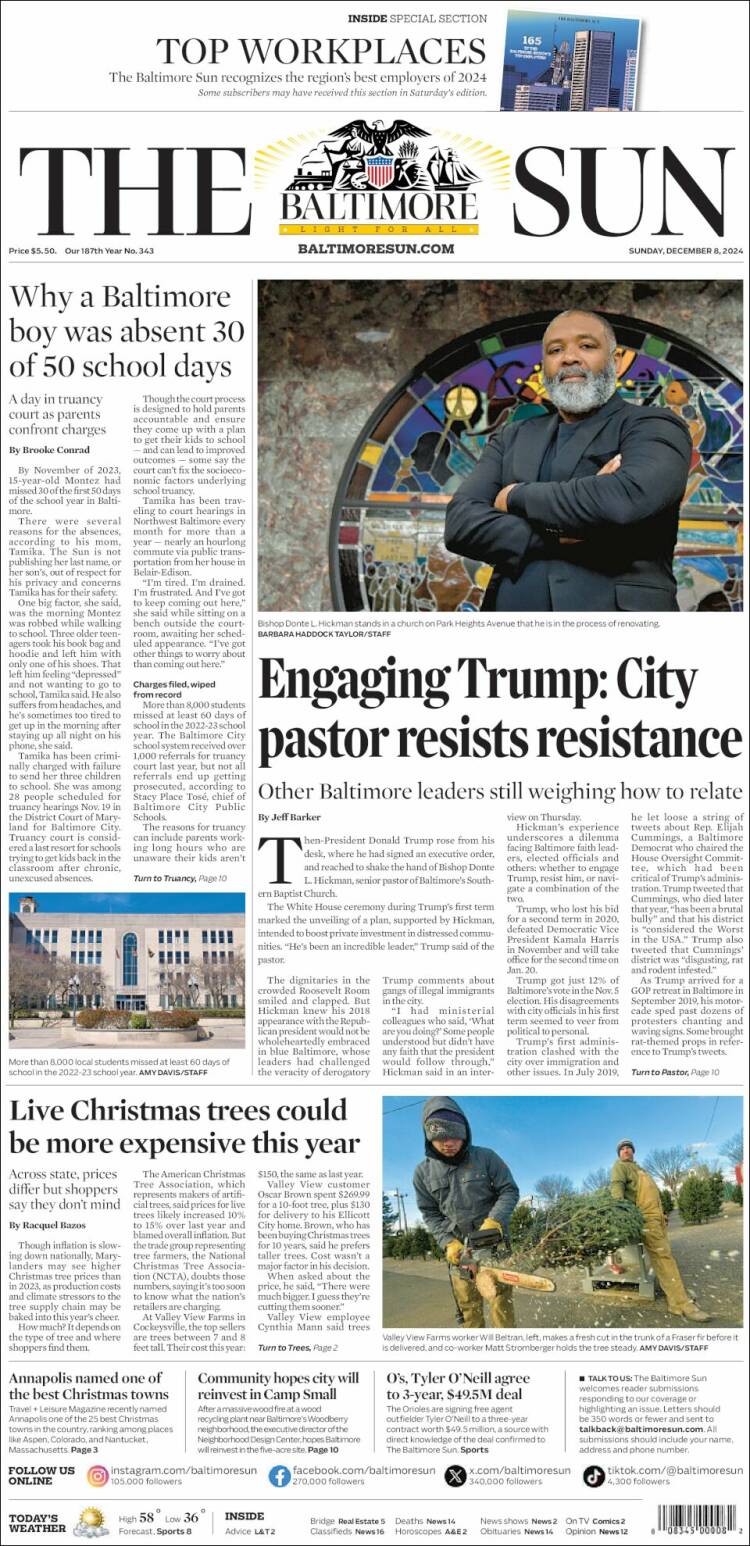 Portada de The Baltimore Sun (USA)