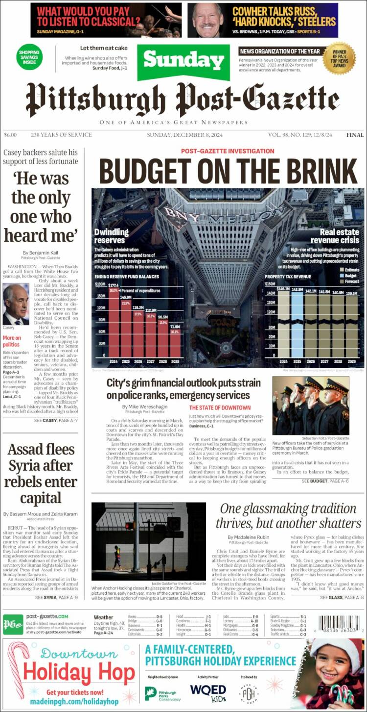 Portada de Pittsburgh Post-Gazette (USA)