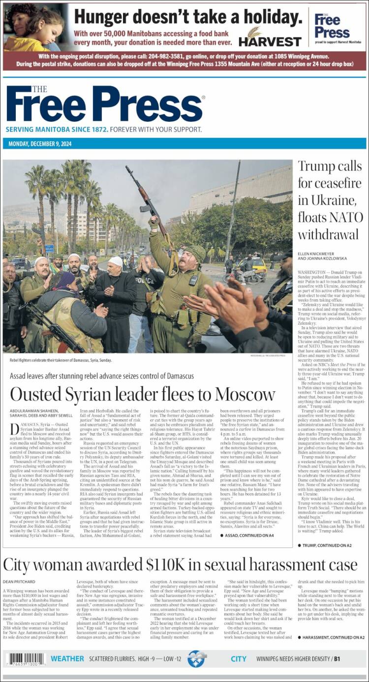 Portada de Winnipeg Free Press (Canadá)
