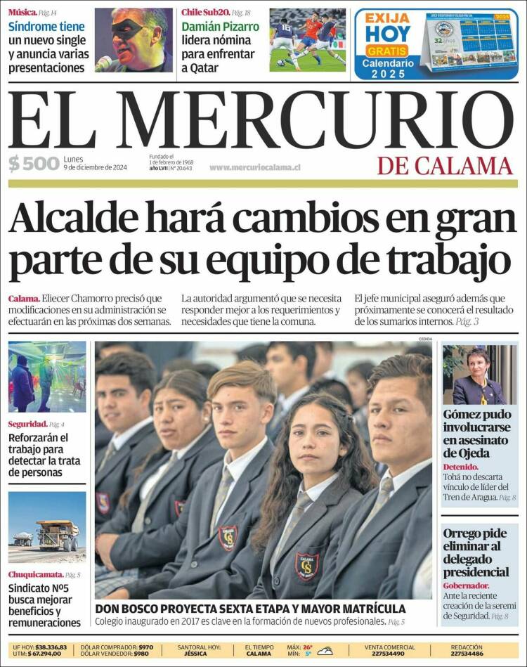 Portada de El Mercurio - Calama (Chile)