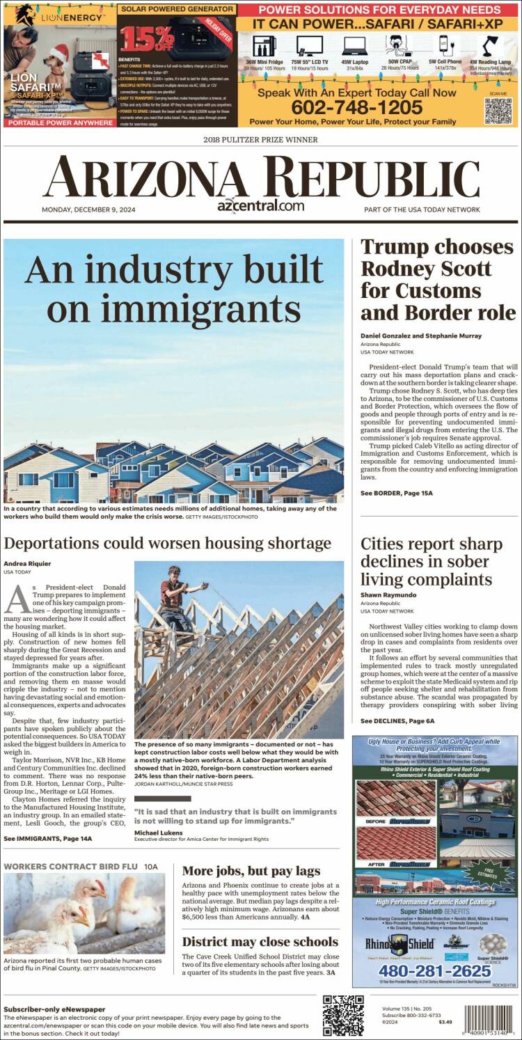 Portada de Arizona Republic News (USA)
