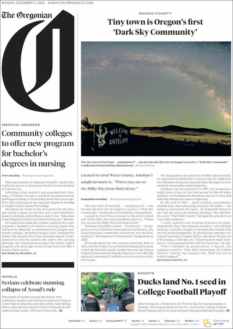 Portada de The Oregonian (USA)