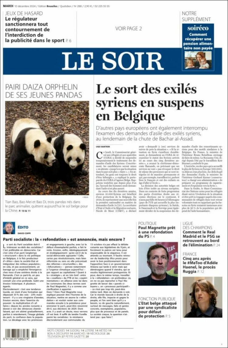 Portada de Le Soir (B&eacute;lgica)