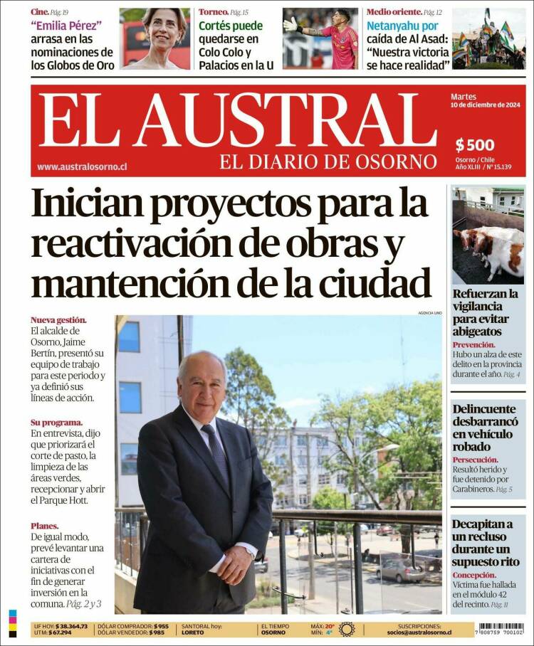 Portada de El Austral de Osorno (Chile)