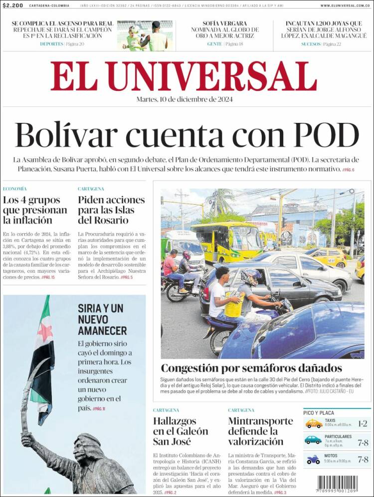 Portada de El Universal (Colombia)