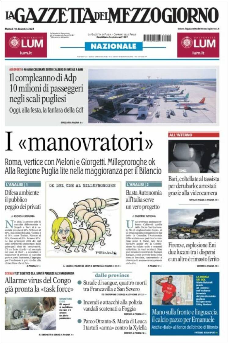 Portada de La Gazzetta del Mezzogiorno (Italia)