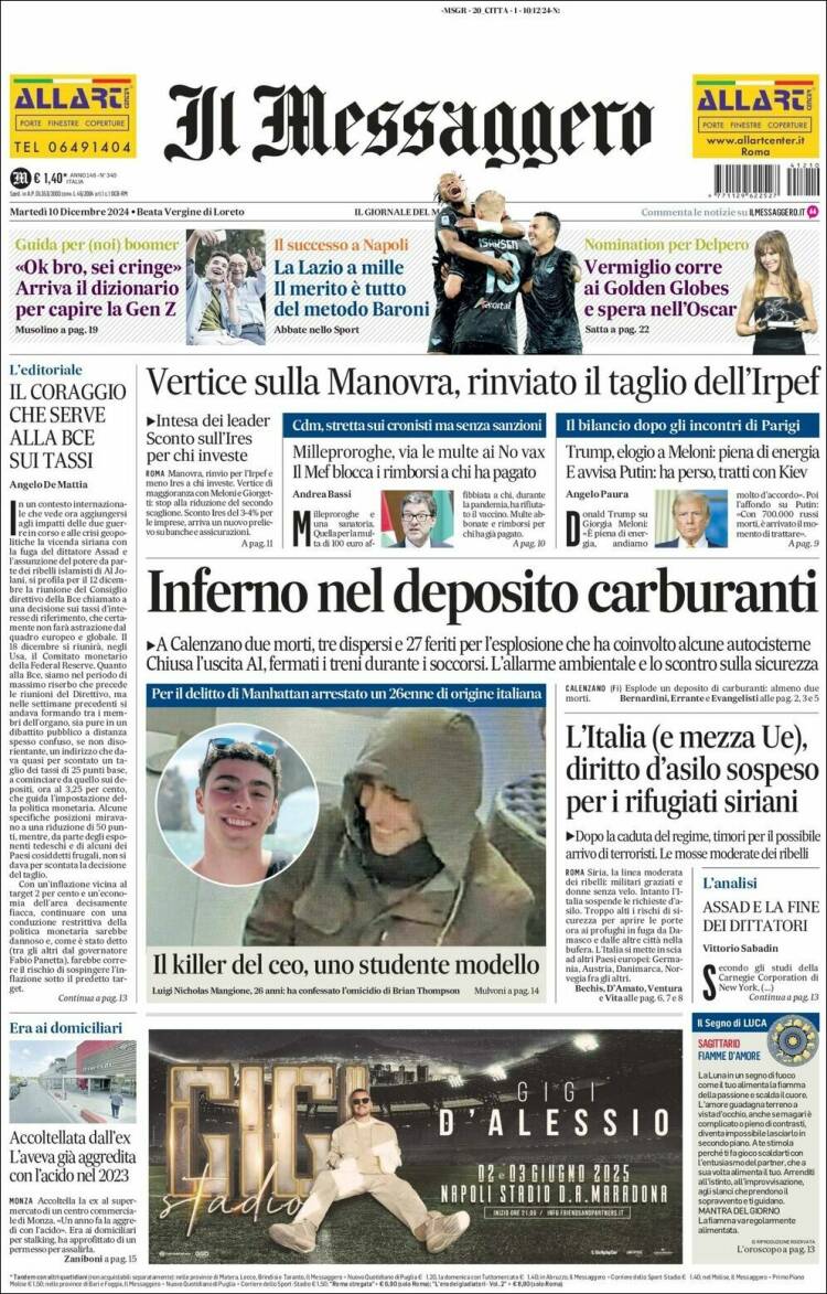 Portada de Il Messaggero (Italia)
