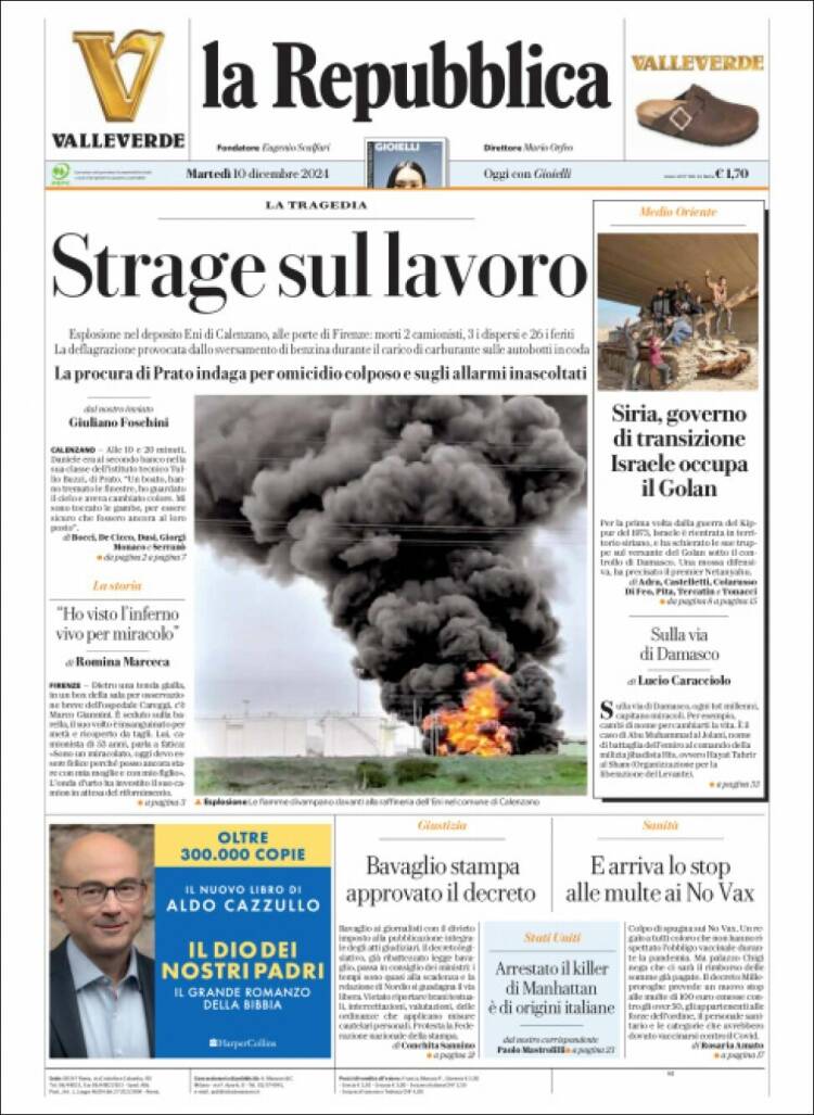 Portada de La Repubblica (Italia)