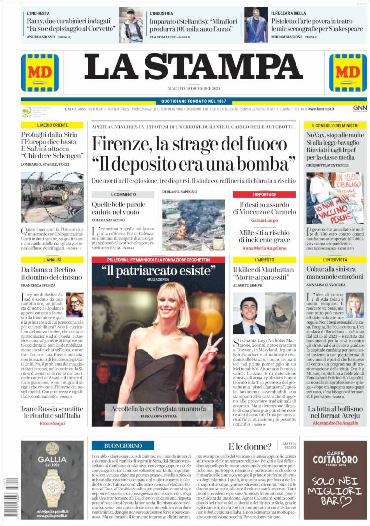 Portada de La Stampa (Italia)
