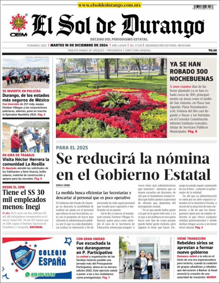 Portada de El Sol de Durango (M&eacute;xico)