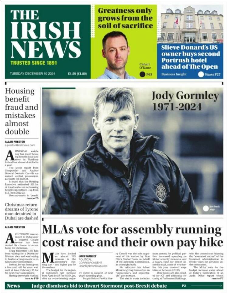 Portada de Irish News (Reino Unido)