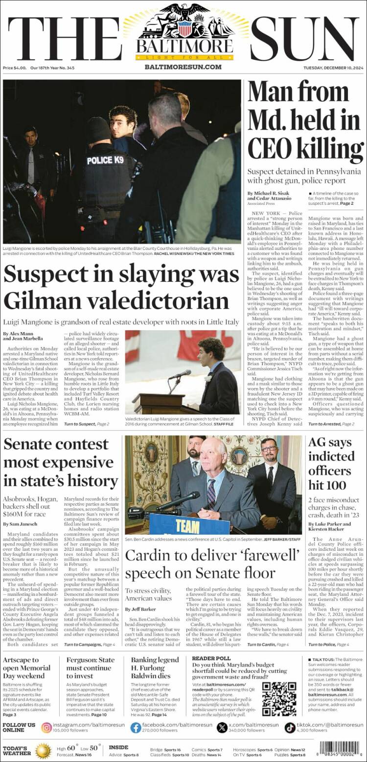 Portada de The Baltimore Sun (USA)