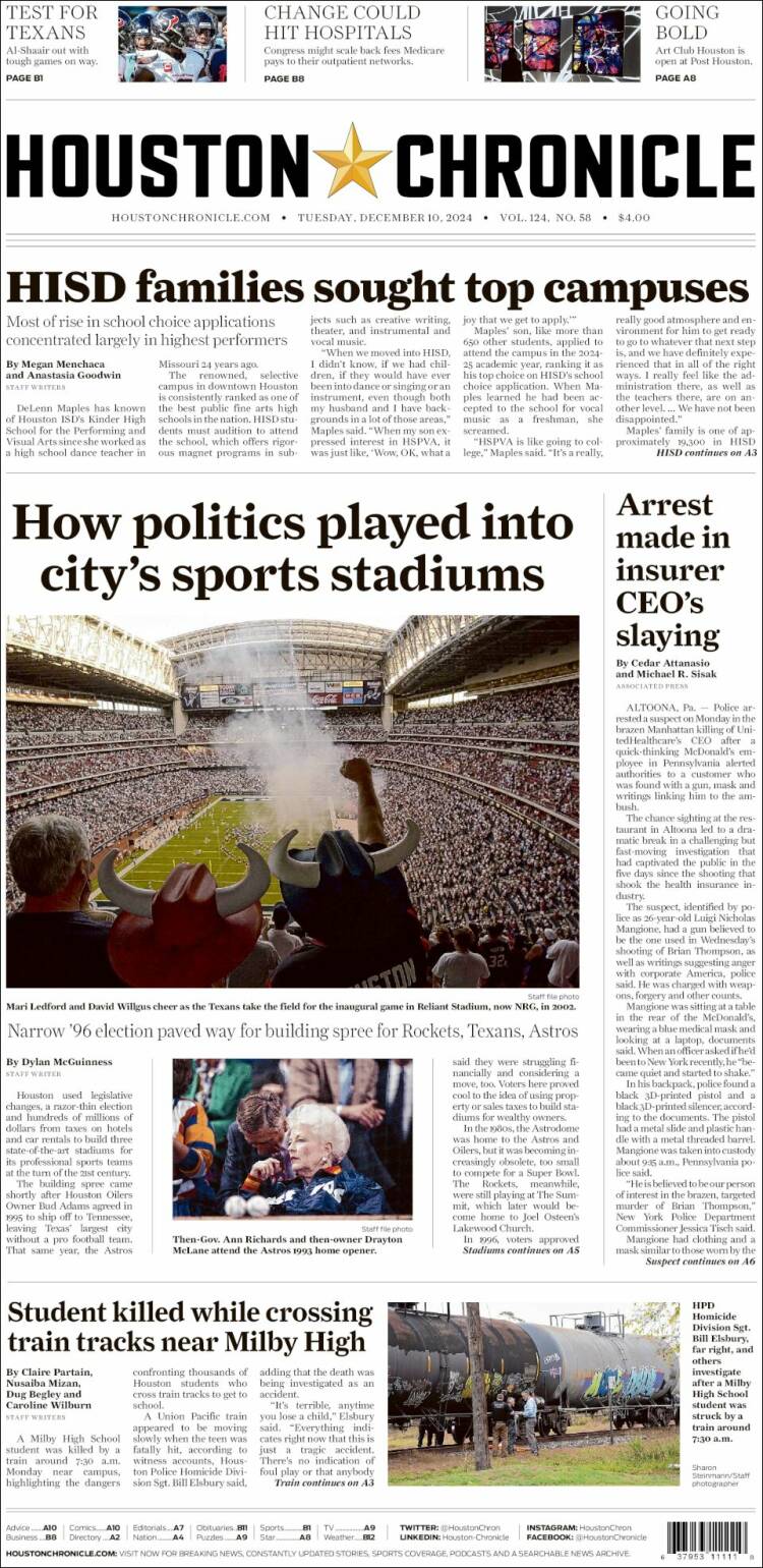 Portada de Houston Chronicle (USA)