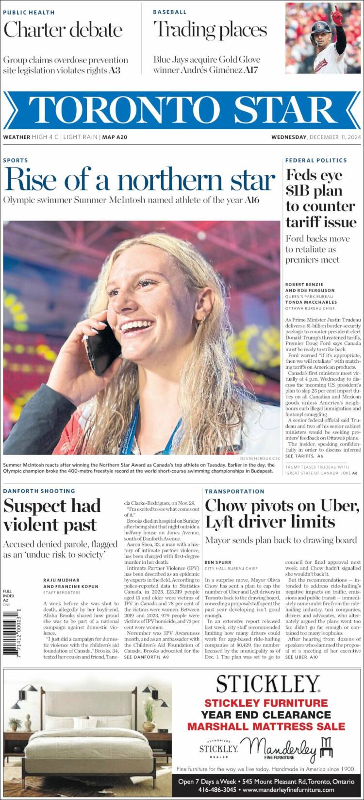 Portada de The Toronto Star (Canada)