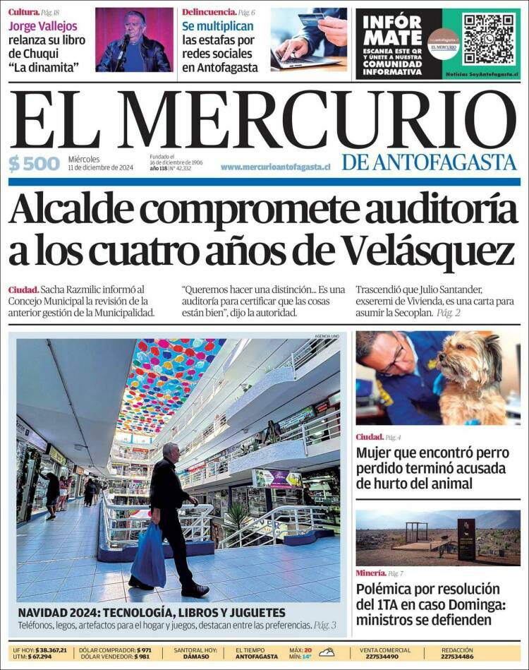 Portada de El Mercurio de Antofagasta (Chile)