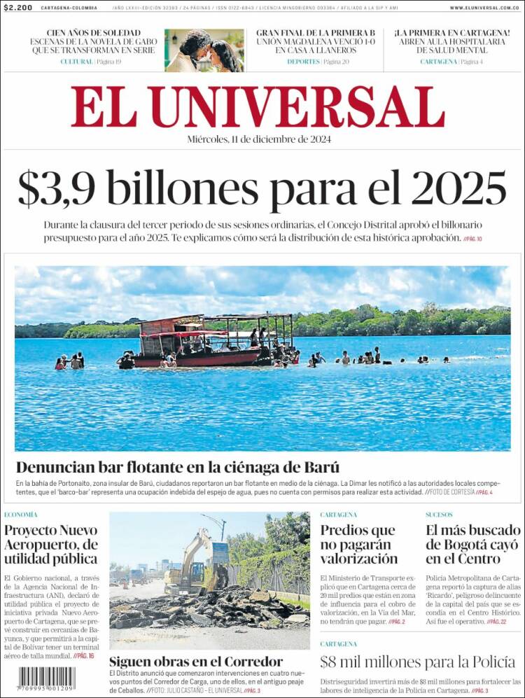 Portada de El Universal (Colombia)