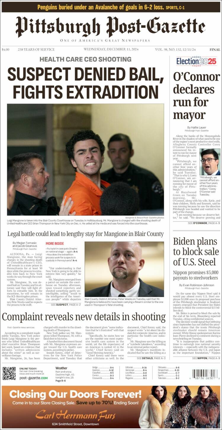 Portada de Pittsburgh Post-Gazette (USA)