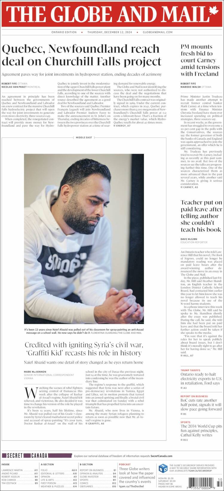 Portada de The Globe and Mail (Canada)