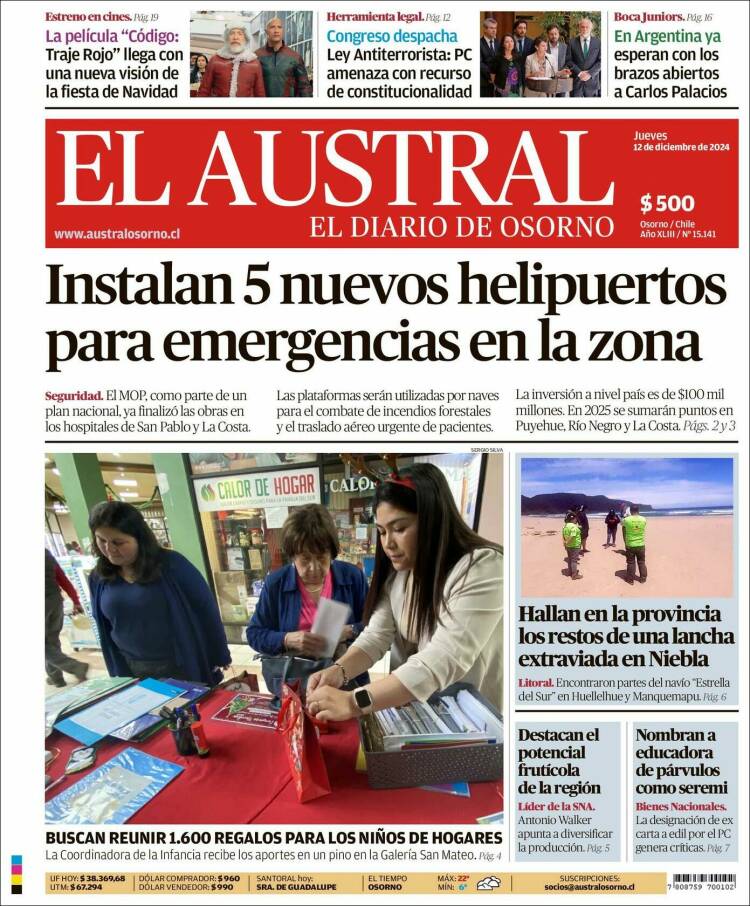 Portada de El Austral de Osorno (Chile)