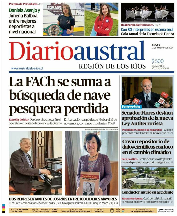 Portada de El Diario Austral de Valdivia (Chile)
