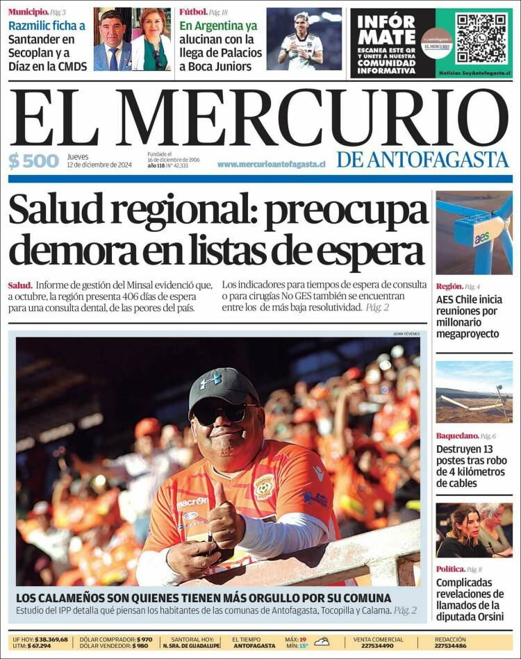 Portada de El Mercurio de Antofagasta (Chile)