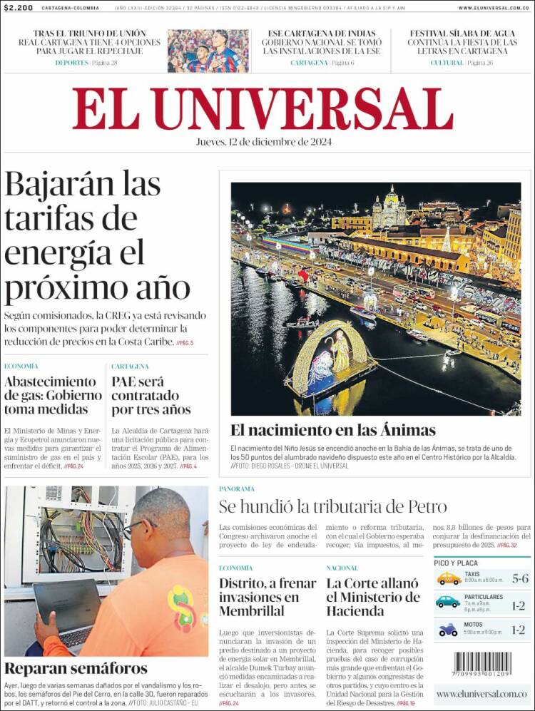 Portada de El Universal (Colombia)