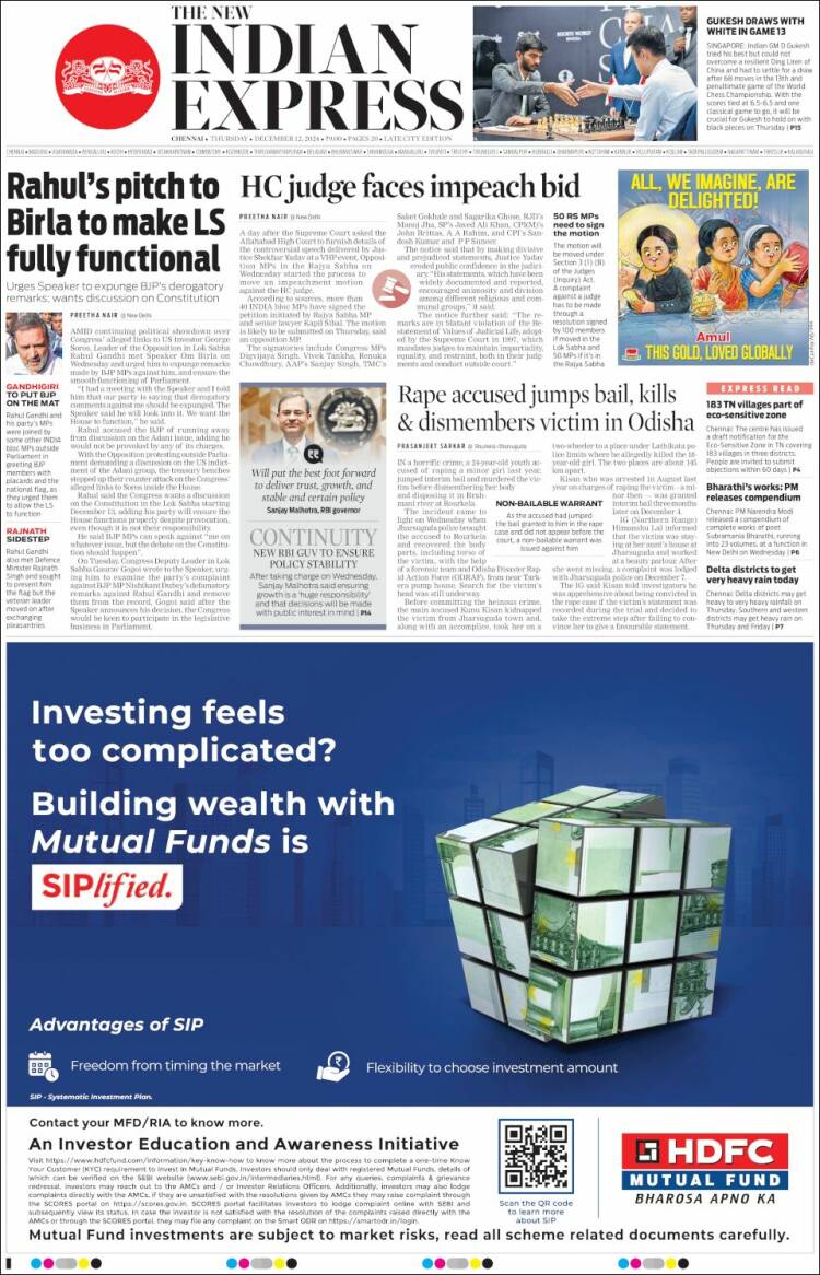 Portada de New Indian Express (India)