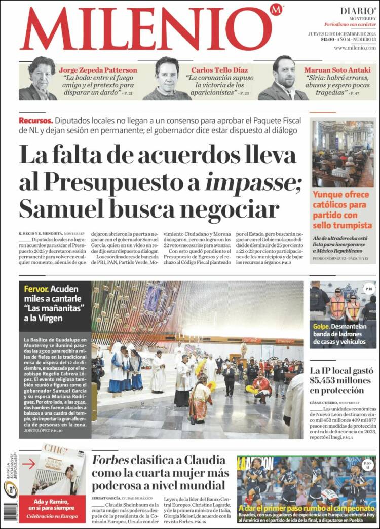 Portada de Milenio de Monterrey (Mexico)
