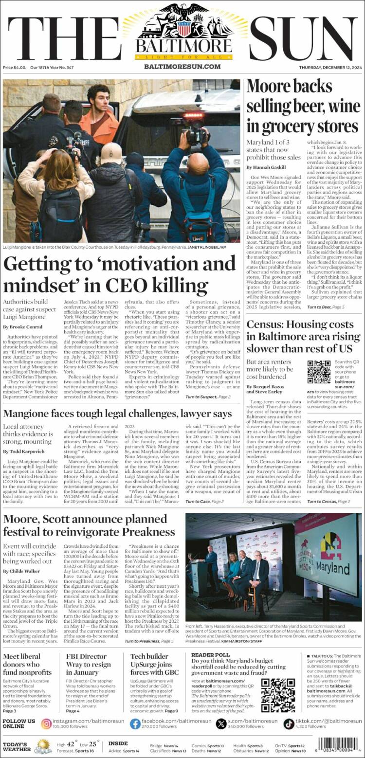 Portada de The Baltimore Sun (USA)