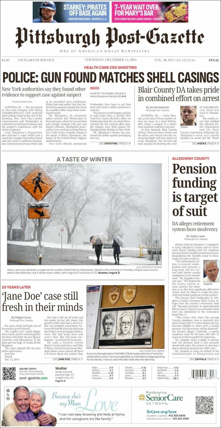 Portada de Pittsburgh Post-Gazette (USA)