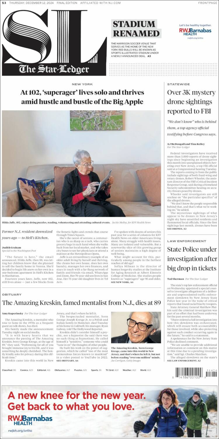 Portada de Star-Ledger (USA)