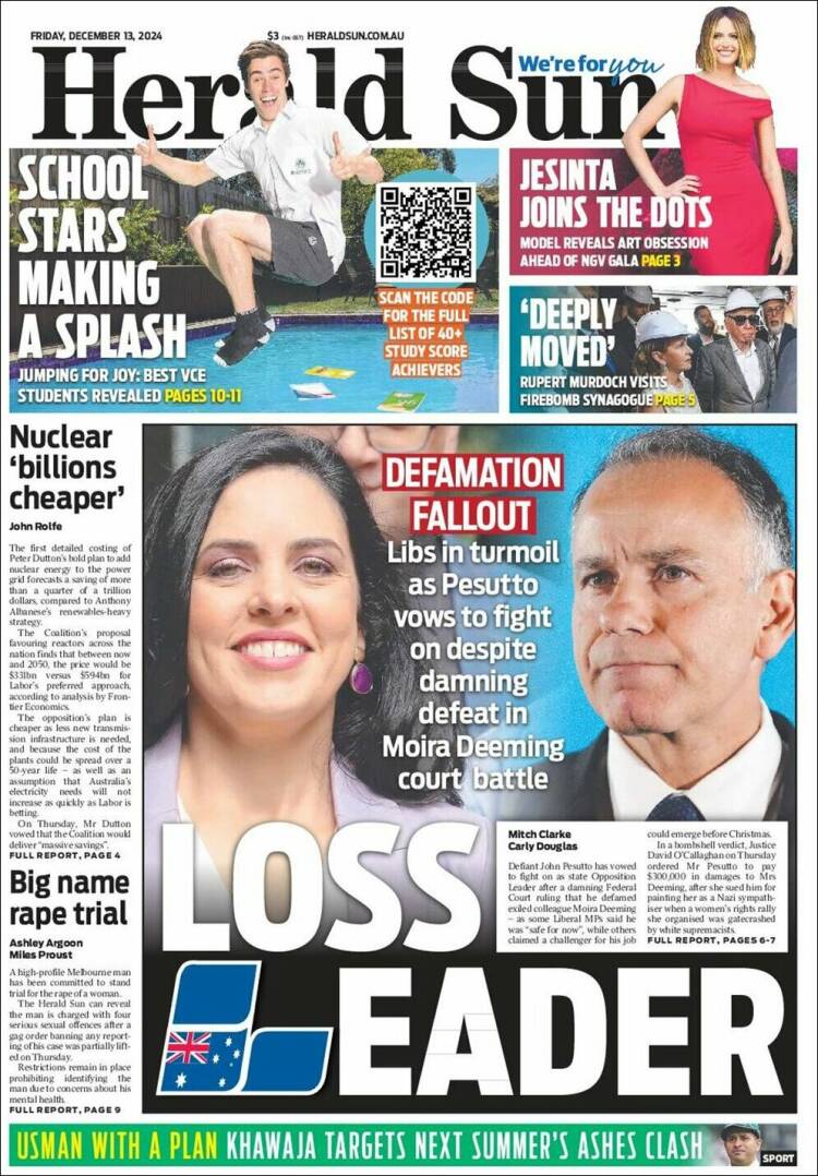 Portada de Herald Sun (Australia)