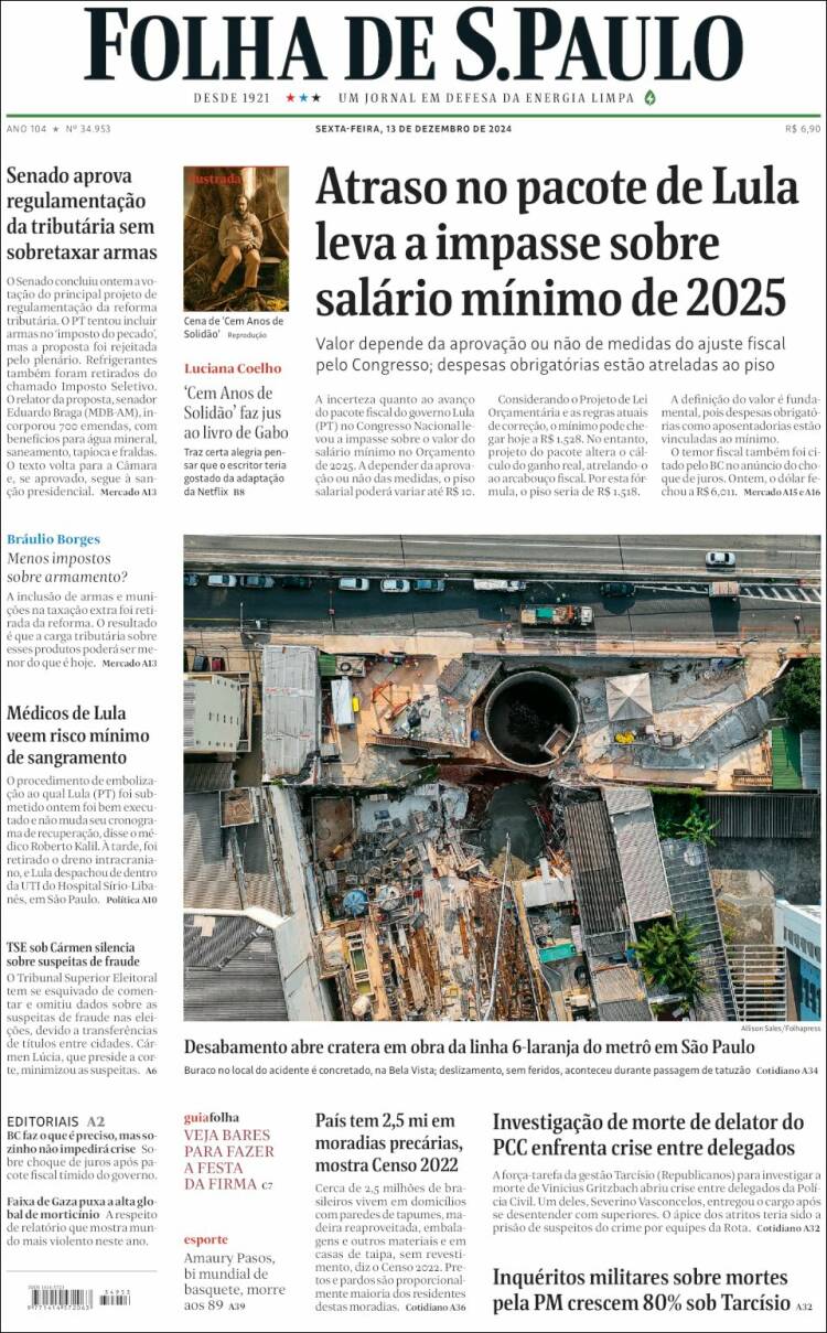 Portada de Folha de São Paulo (Brasil)