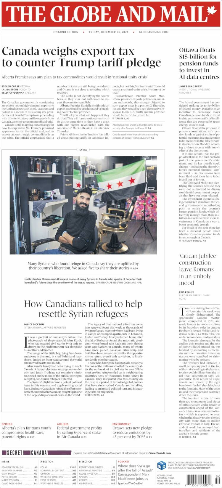 Portada de The Globe and Mail (Canadá)