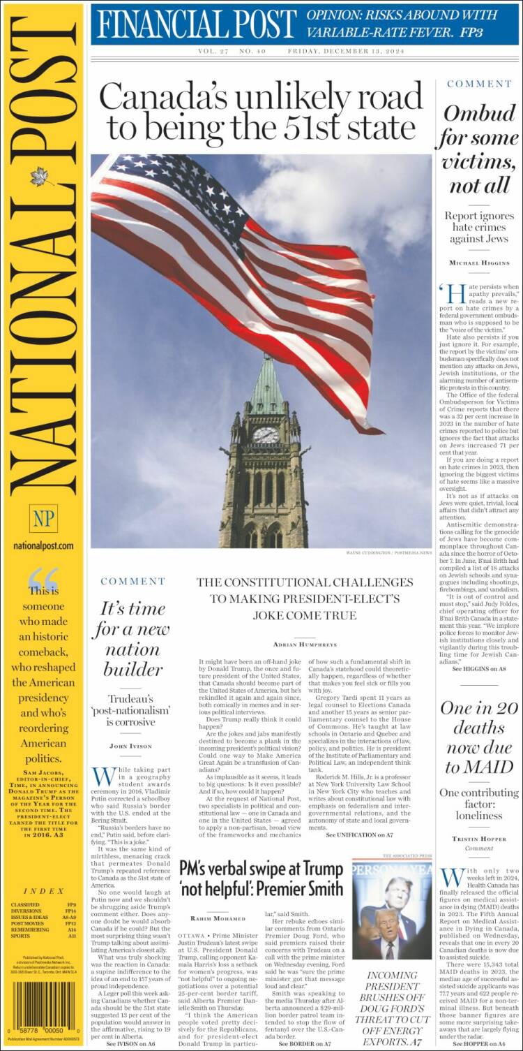 Portada de The National Post (Canadá)