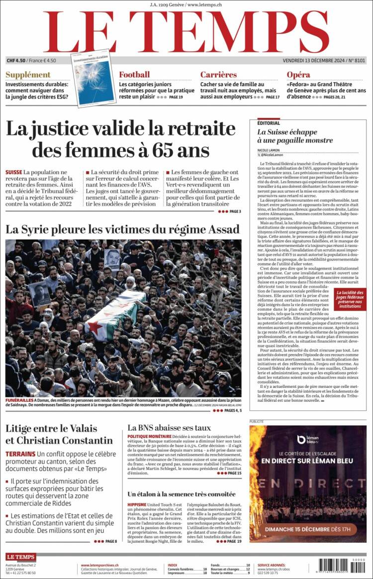 Portada de Le Matin (Suiza)