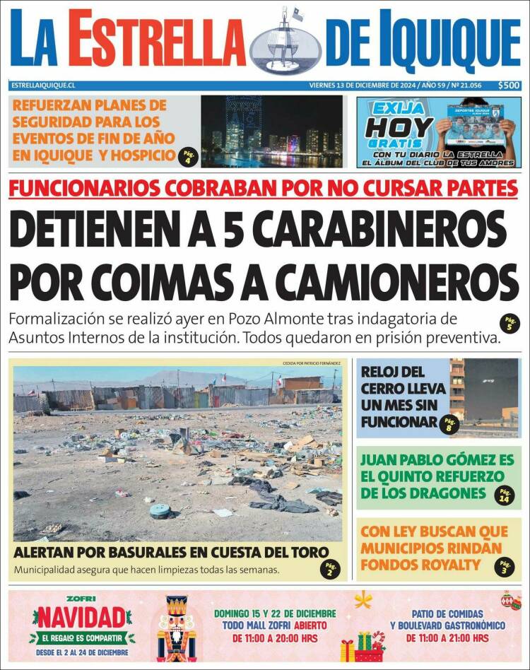 Portada de La Estrella de Iquique (Chile)