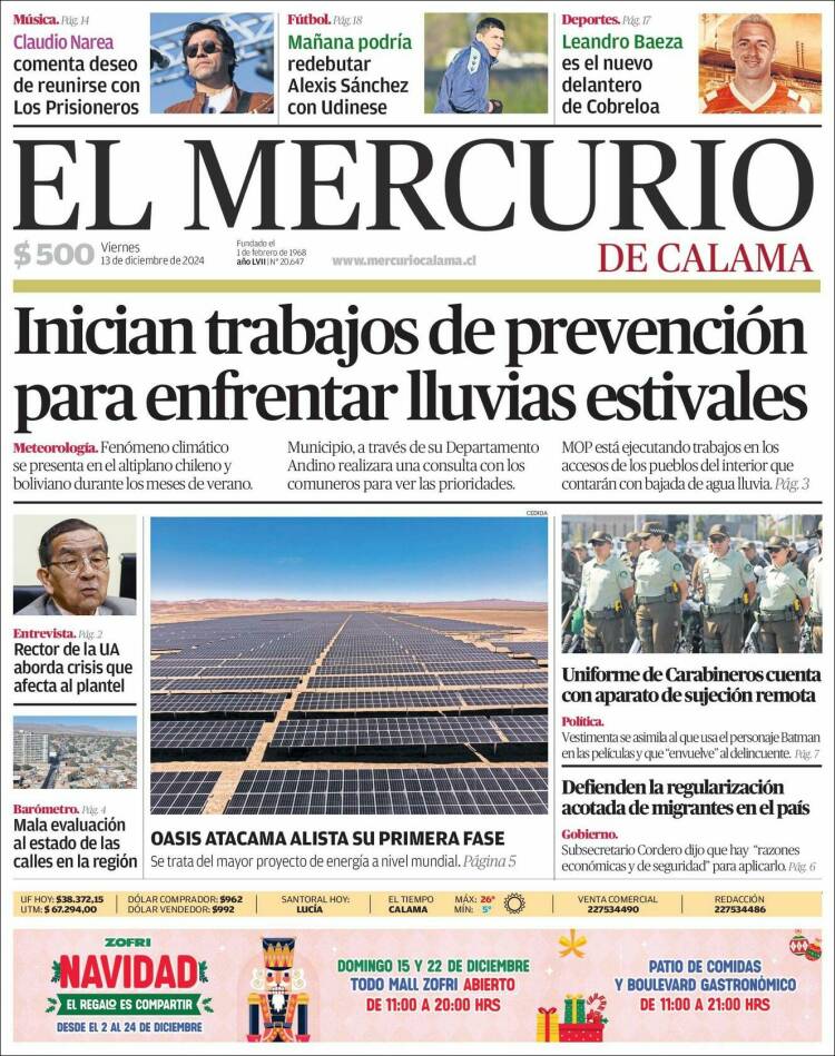 Portada de El Mercurio - Calama (Chile)