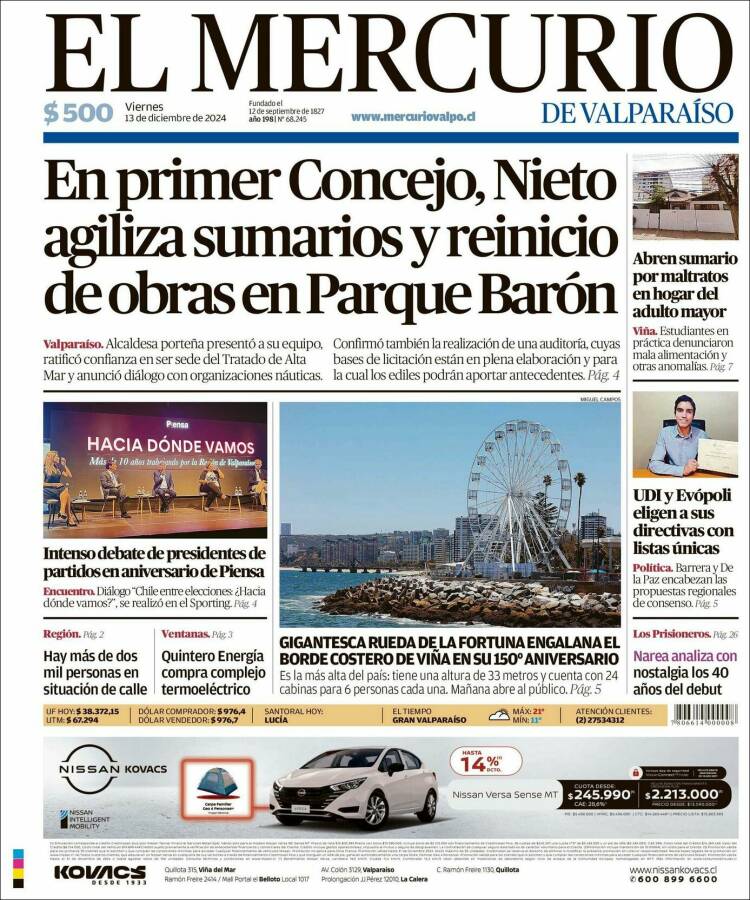 Portada de Mercurio de Valparaiso (Chile)