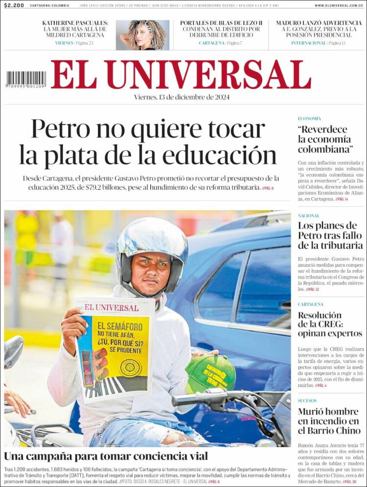 Portada de El Universal (Colombia)