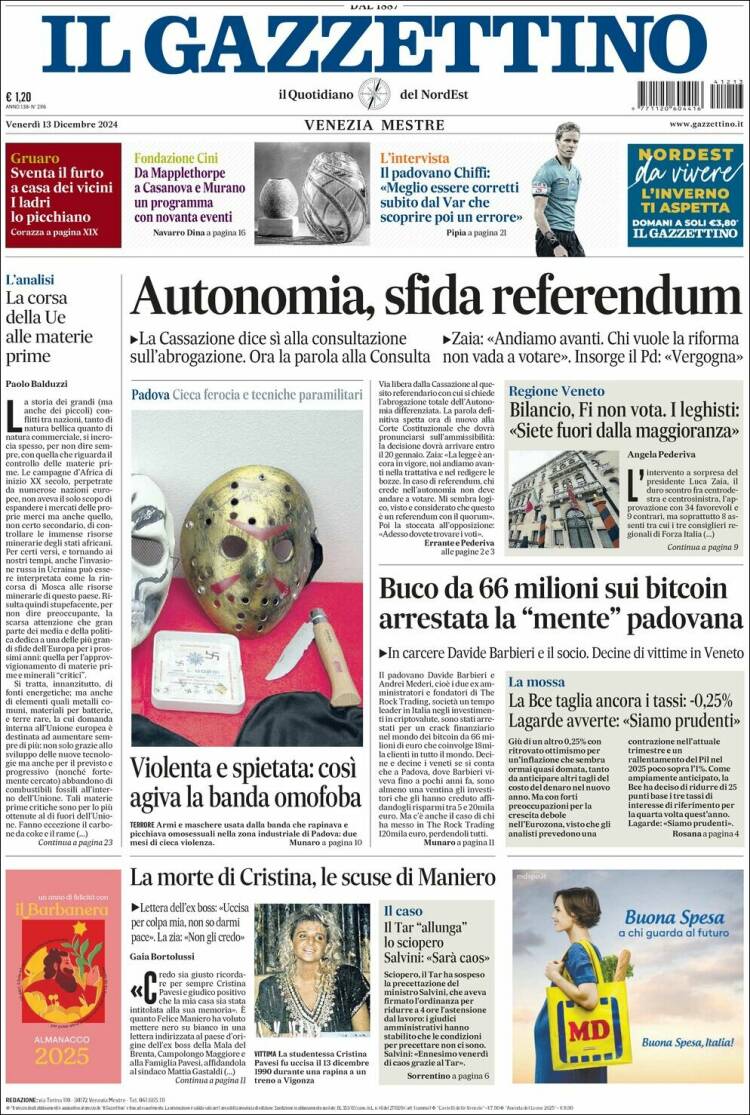 Portada de Il Gazzettino (Italia)