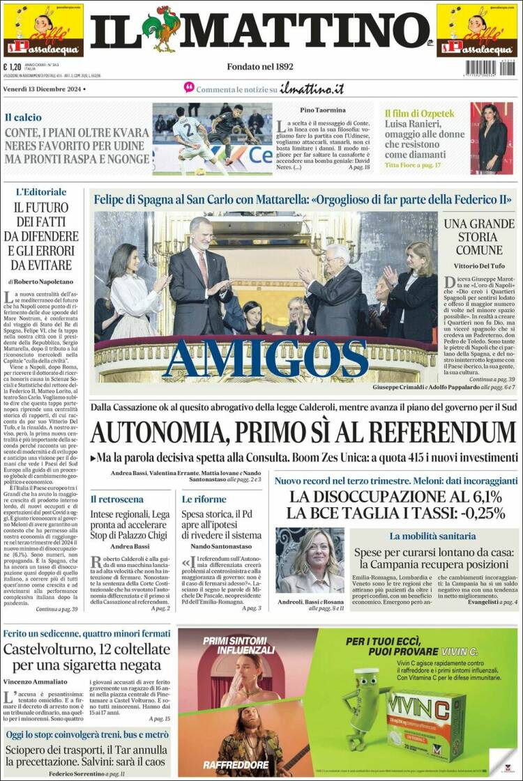 Portada de Il Mattino (Italia)