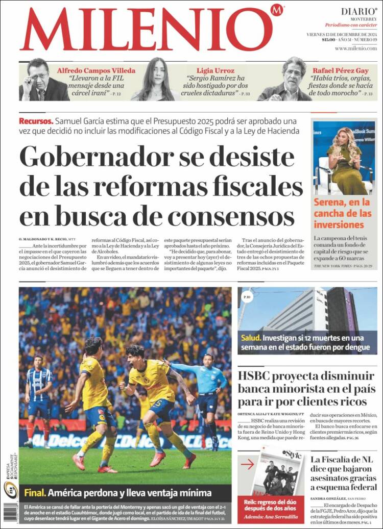 Portada de Milenio de Monterrey (México)